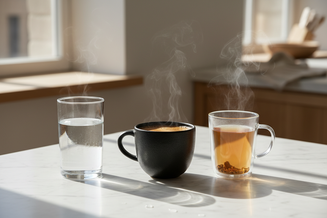 A glass of Yavelle deuterium-depleted water beside a cup of black coffee and tea on a white marble surface, illustrating how DDW can be used hot in everyday drinks.
