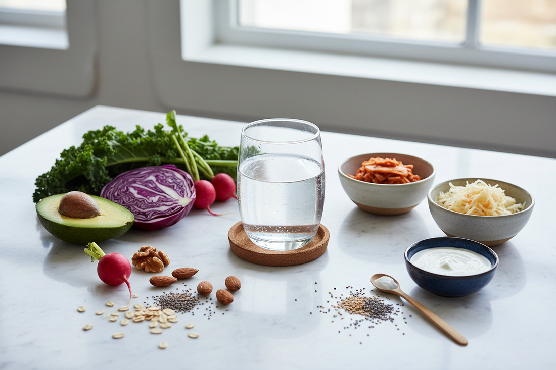 A glass of pure water surrounded by gut-friendly foods including fresh vegetables, fermented foods and nuts on a white marble surface, representing the connection between deuterium-depleted water, the microbiome and mitochondrial health