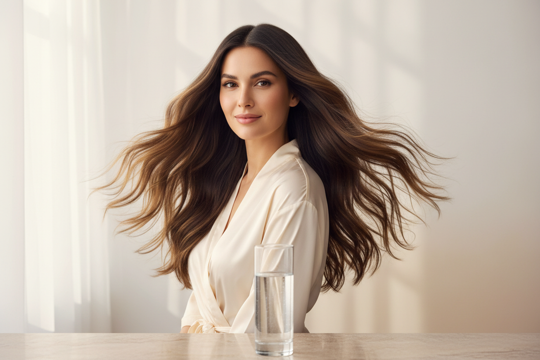 A woman with healthy, lustrous flowing hair in soft natural light beside a glass of pure water, representing the connection between deuterium-depleted water, cellular energy and hair health