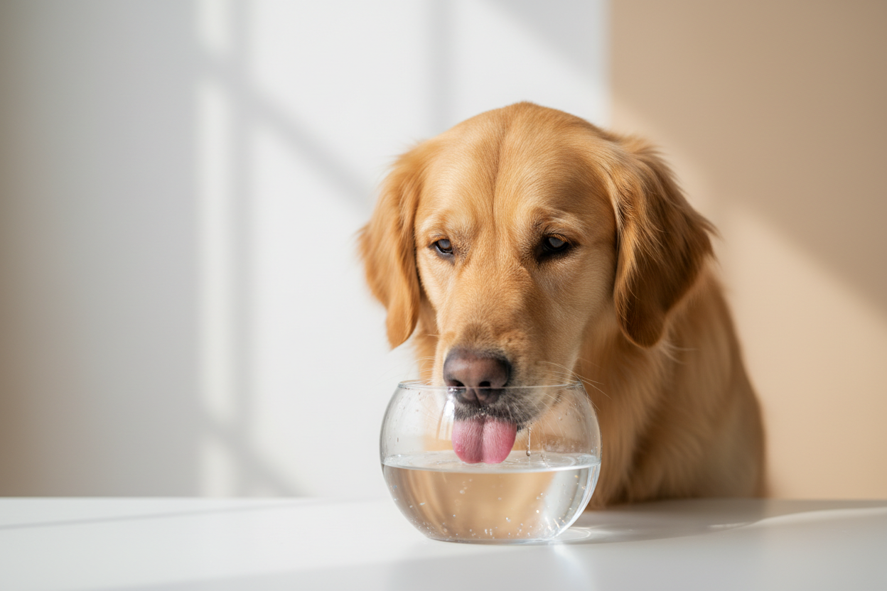 A healthy dog beside a bottle of Yavelle 25ppm deuterium-depleted water on a natural outdoor background, representing the research on DDW for pets and dogs with cancer