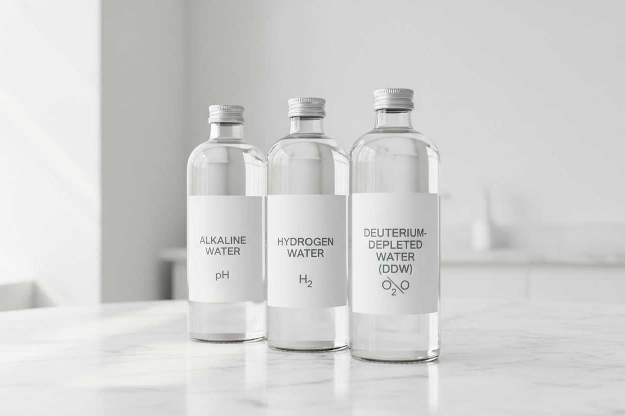 Three premium water bottles comparing DDW, alkaline water and hydrogen water on a white marble surface — Yavelle deuterium-depleted water
