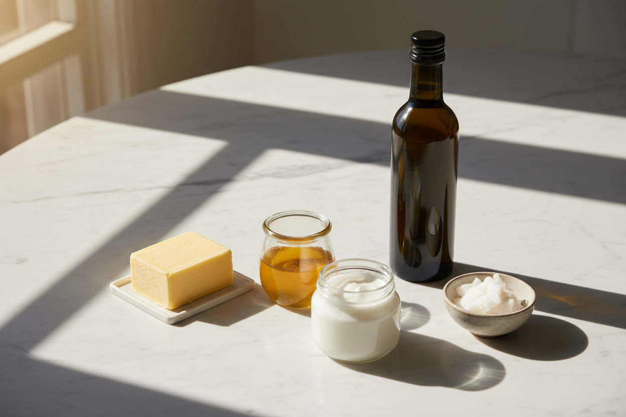 A flat lay of low deuterium fats and oils on a marble surface including ghee, grass-fed butter, olive oil, coconut cream and lard, representing the lowest-deuterium foods in the diet