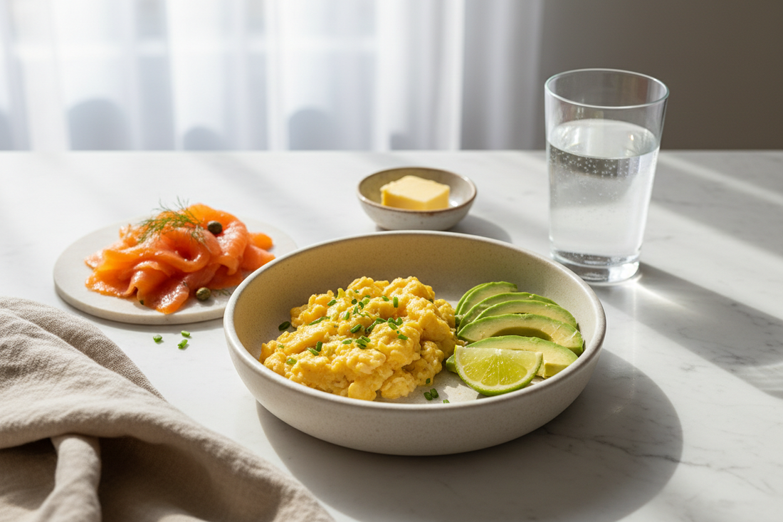 A premium low deuterium keto breakfast spread on white marble featuring scrambled eggs, sliced avocado, smoked salmon and grass-fed butter — high-fat, low-carb morning meal ideas from Yavelle.