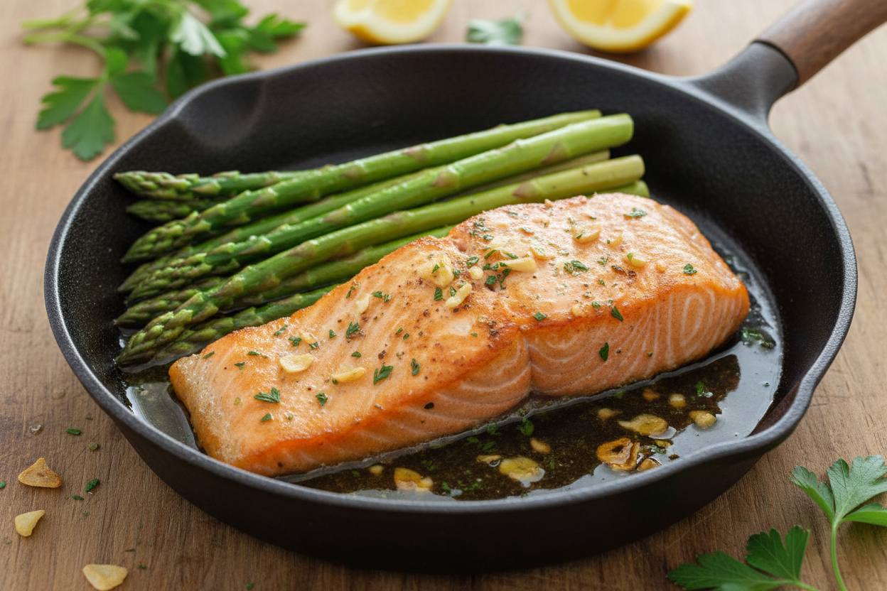 A fillet of low deuterium garlic butter salmon with crisp asparagus spears and a glossy lemon-butter sauce in a cast iron pan