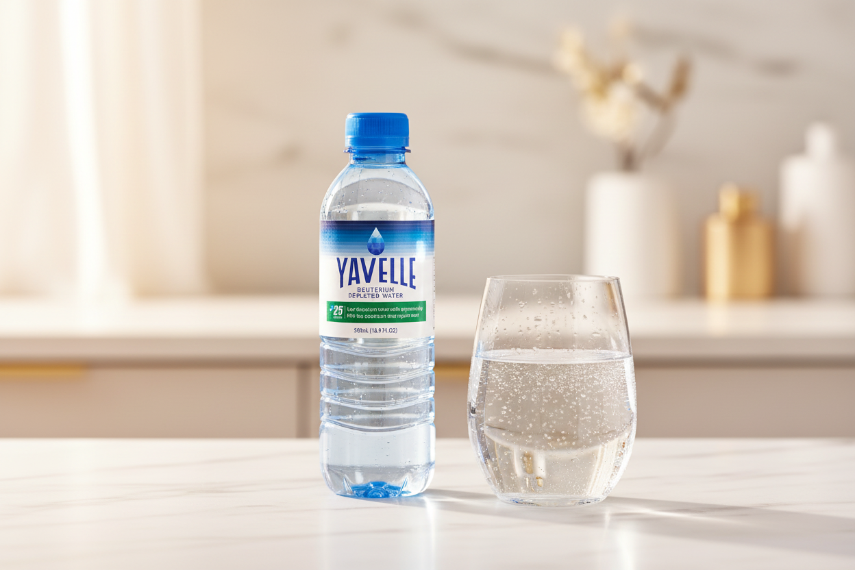 A clear glass of Yavelle 25ppm deuterium-depleted water on a white background, illustrating a first-time buyer guide to what DDW tastes like