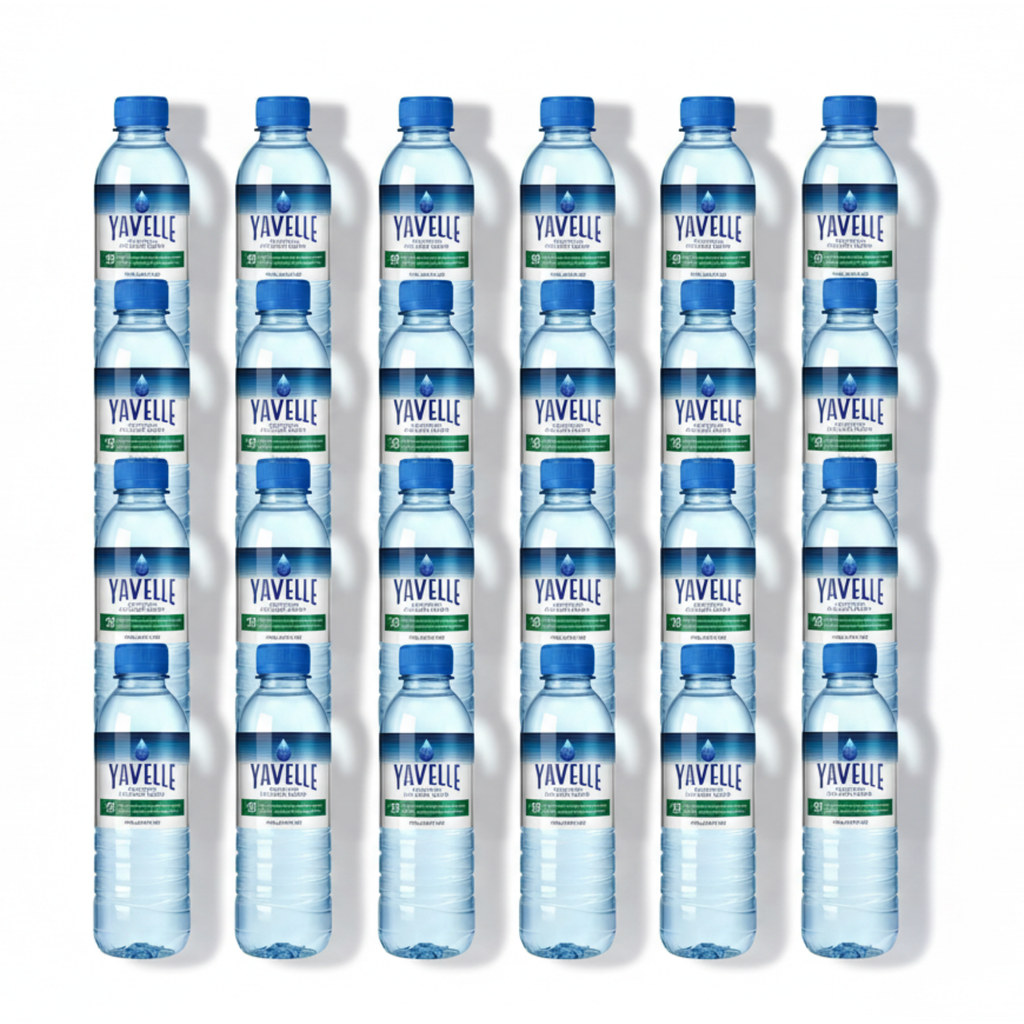 Multiple Yavelle water bottles arranged in a grid on a white background