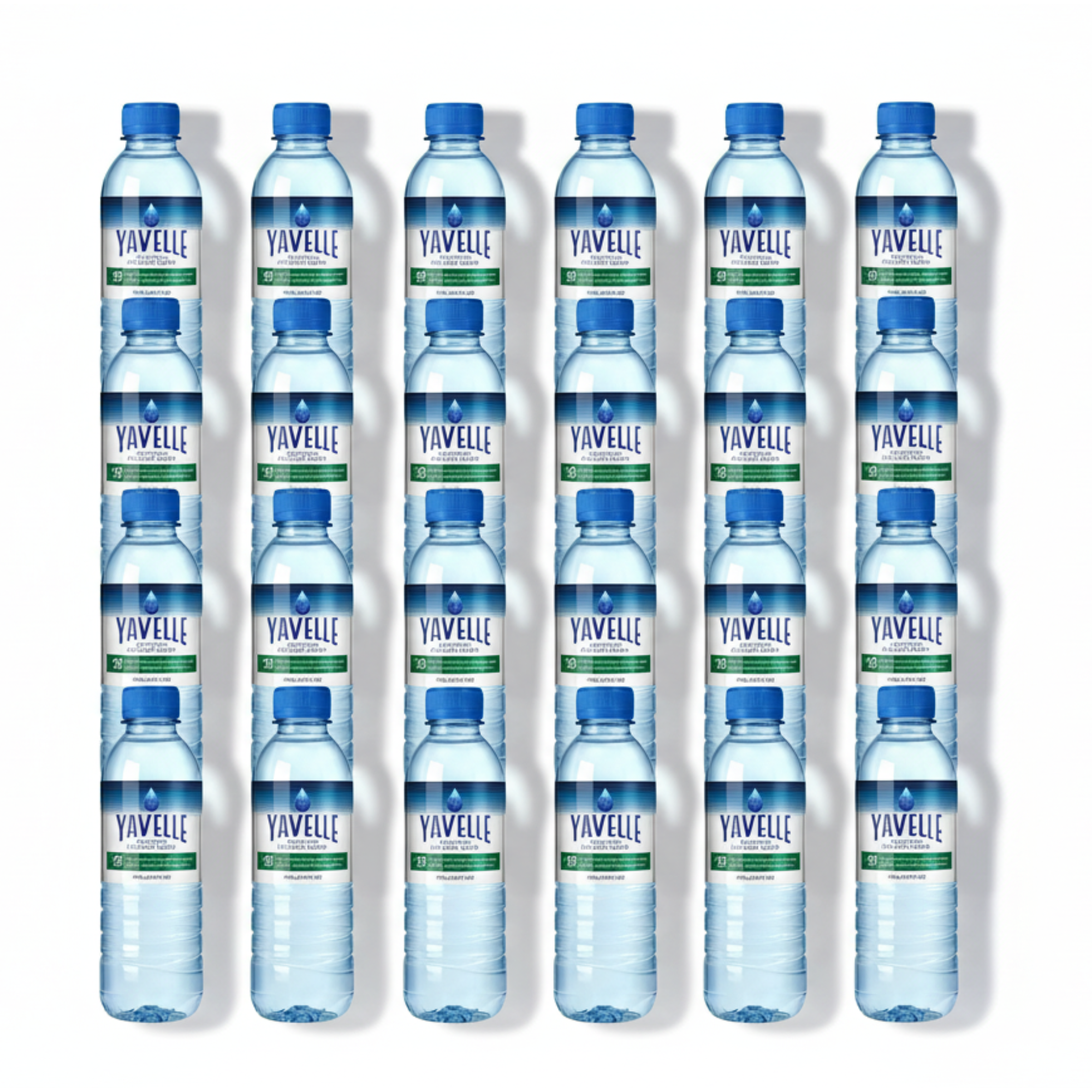 Multiple Yavelle 25ppm DDW bottles arranged showing label detail